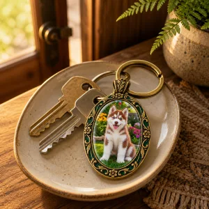 The husky keepsake keychain on a ceramic dish beside a set of keys