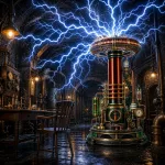 The Tesla coil lit in an underground laboratory setting