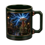 The Greenmane Tesla coil mug shown front on